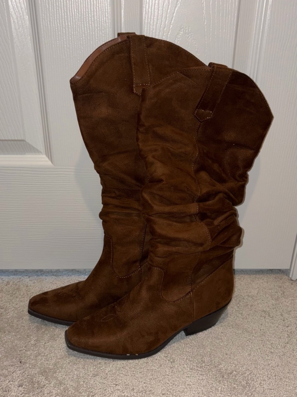 Soda Faux Brown Suede Western Slouch Boots - Women